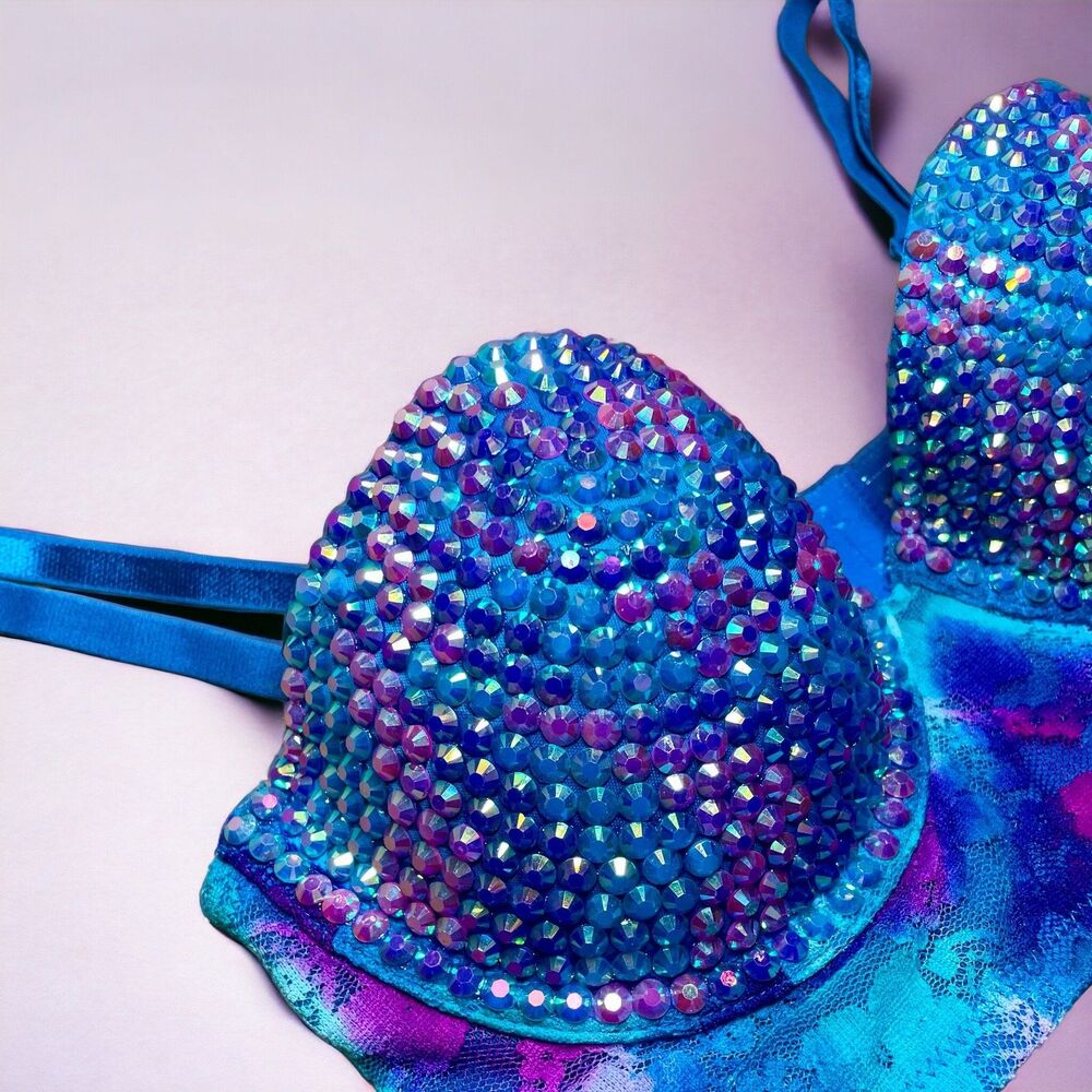 Rhinestone Bra Tie Dye Pink, Purple, Blue 32c Rave Festival Burlesque Mermaid
